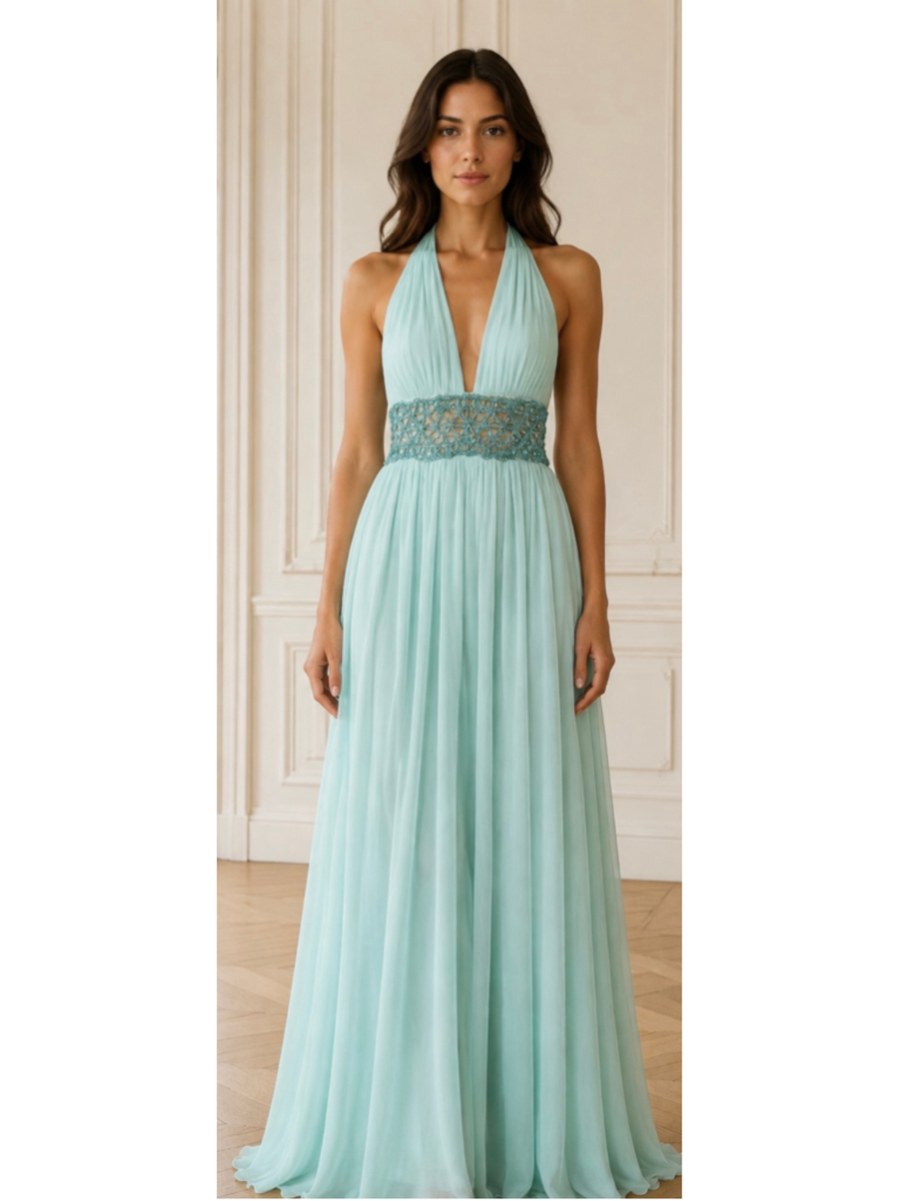 Retrofete Maxi Dress Size 10 Light Aqua Halter Neck Beaded Waist